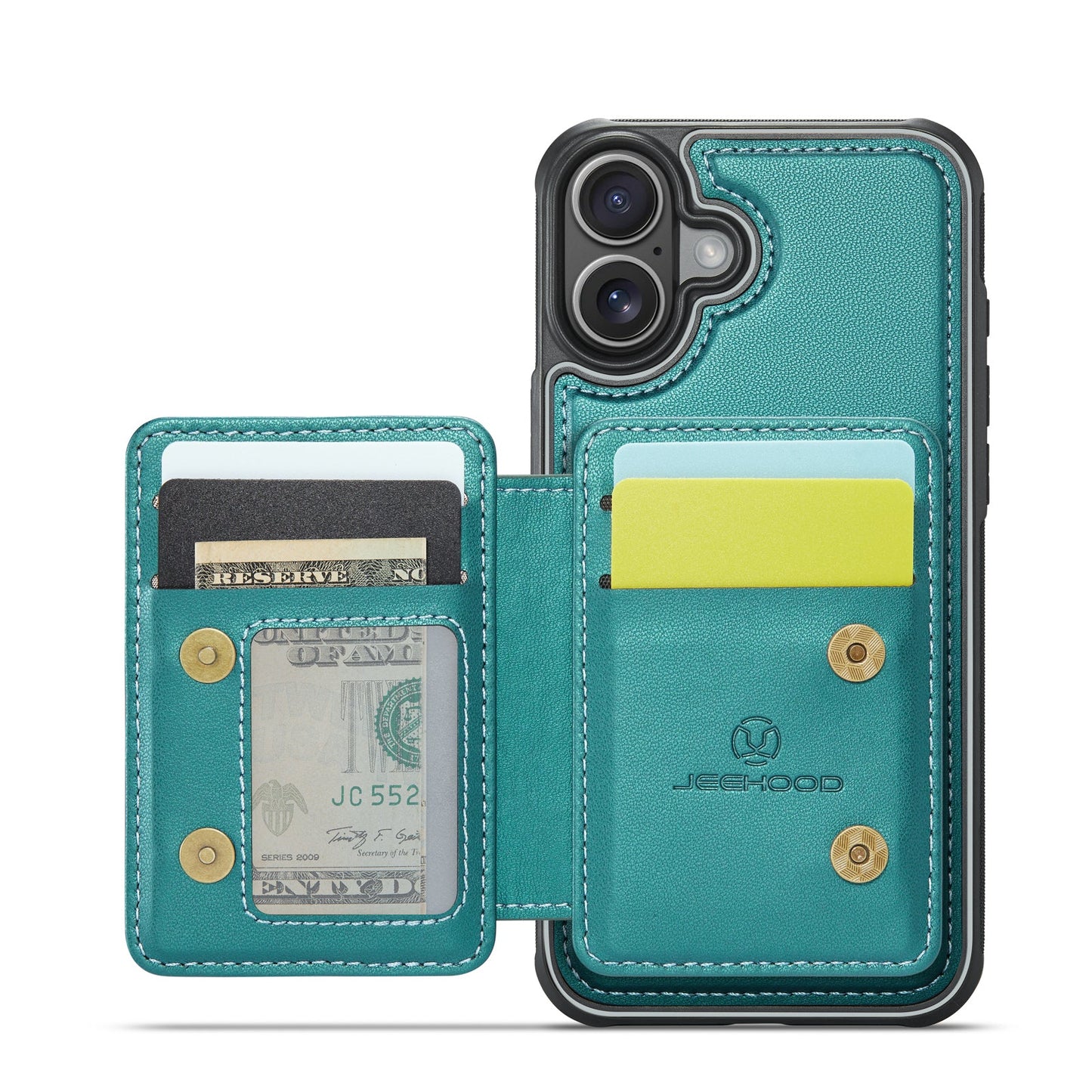 For iPhone 16 Case JEEHOOD J05 Card Holder Kickstand Leather+TPU Phone Cover - Blue