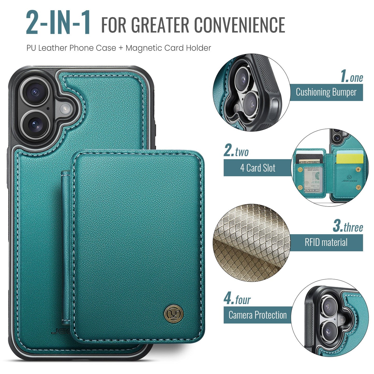For iPhone 16 Case JEEHOOD J05 Card Holder Kickstand Leather+TPU Phone Cover - Blue