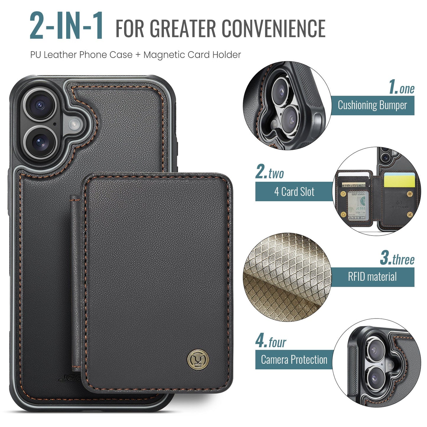 For iPhone 16 Plus Case JEEHOOD J05 Card Holder Kickstand Leather+TPU Phone Cover - Black