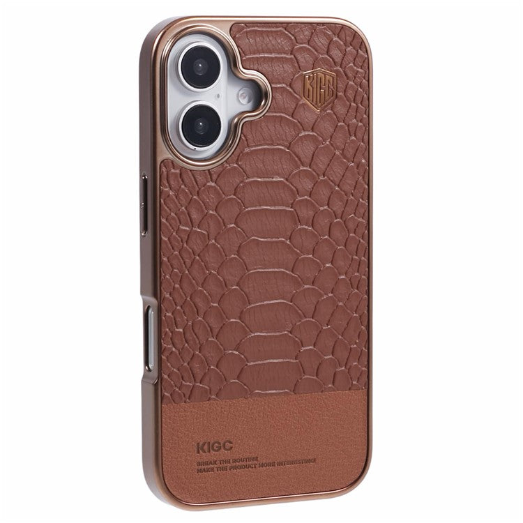 KIGC For iPhone 16 Case Compatible with MagSafe Crocodile Texture PU+PC+TPU Electroplating Phone Cover - Titanium Gold