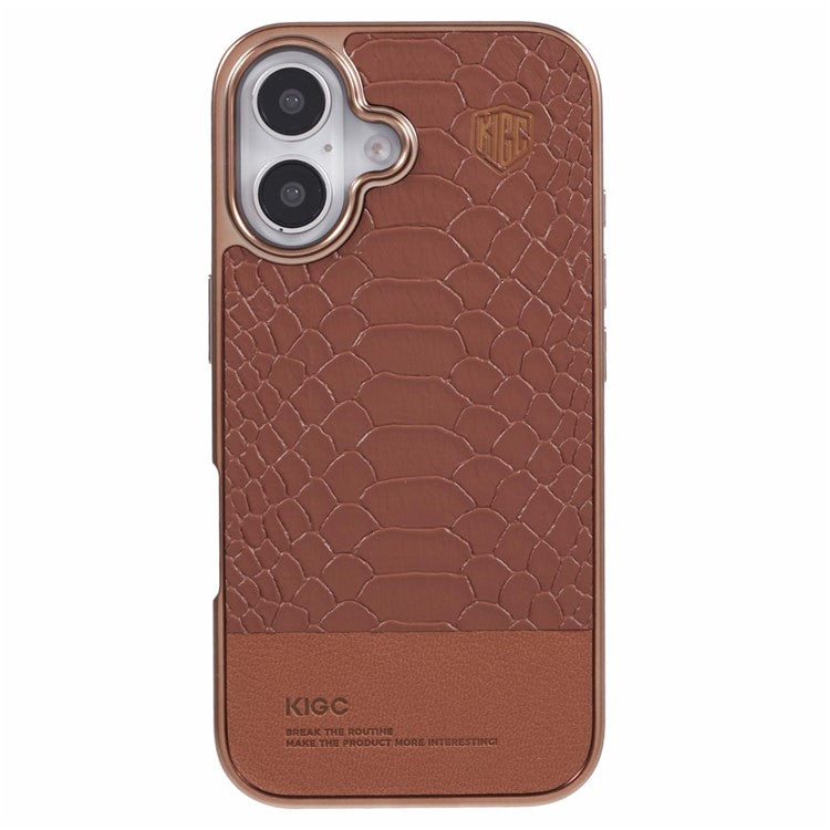 KIGC For iPhone 16 Case Compatible with MagSafe Crocodile Texture PU+PC+TPU Electroplating Phone Cover - Titanium Gold