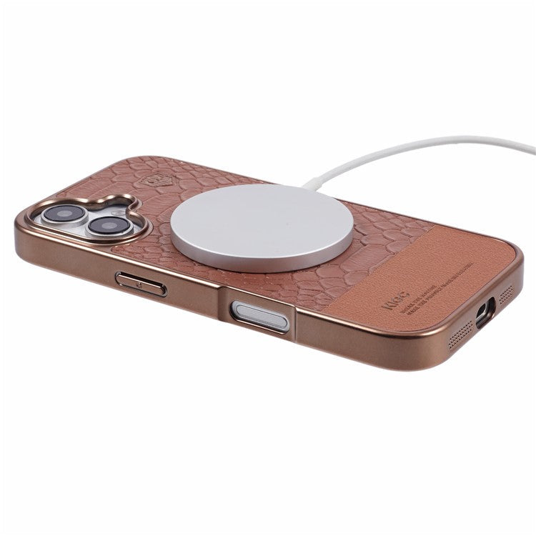 KIGC For iPhone 16 Case Compatible with MagSafe Crocodile Texture PU+PC+TPU Electroplating Phone Cover - Titanium Gold