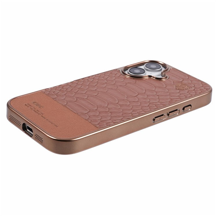 KIGC For iPhone 16 Case Compatible with MagSafe Crocodile Texture PU+PC+TPU Electroplating Phone Cover - Titanium Gold