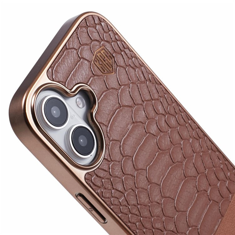 KIGC For iPhone 16 Case Compatible with MagSafe Crocodile Texture PU+PC+TPU Electroplating Phone Cover - Titanium Gold
