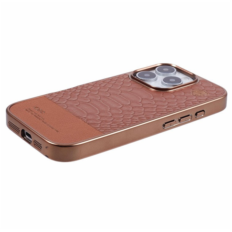 KIGC For iPhone 16 Pro Case Compatible with MagSafe Crocodile Texture PU+PC+TPU Electroplating Phone Cover - Titanium Gold