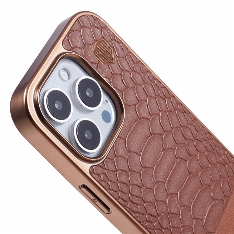 KIGC For iPhone 16 Pro Case Compatible with MagSafe Crocodile Texture PU+PC+TPU Electroplating Phone Cover - Titanium Gold