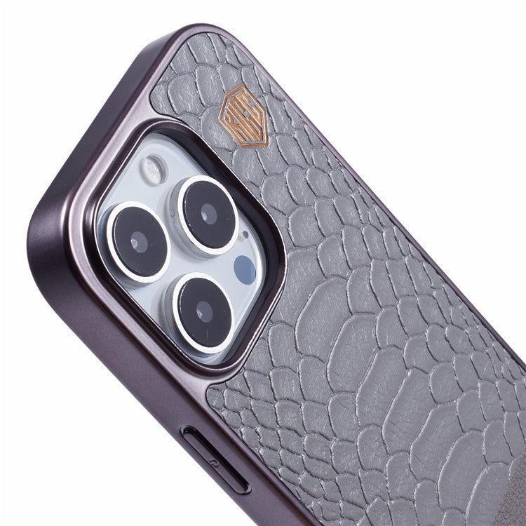 KIGC For iPhone 16 Pro Case Compatible with MagSafe Crocodile Texture PU+PC+TPU Electroplating Phone Cover - Grey