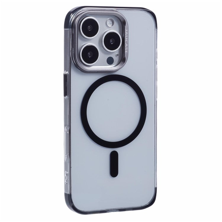 JAUCASE For iPhone 16 Pro Clear Case Compatible with MagSafe Lens Frame Kickstand PC+TPU Phone Cover - Black