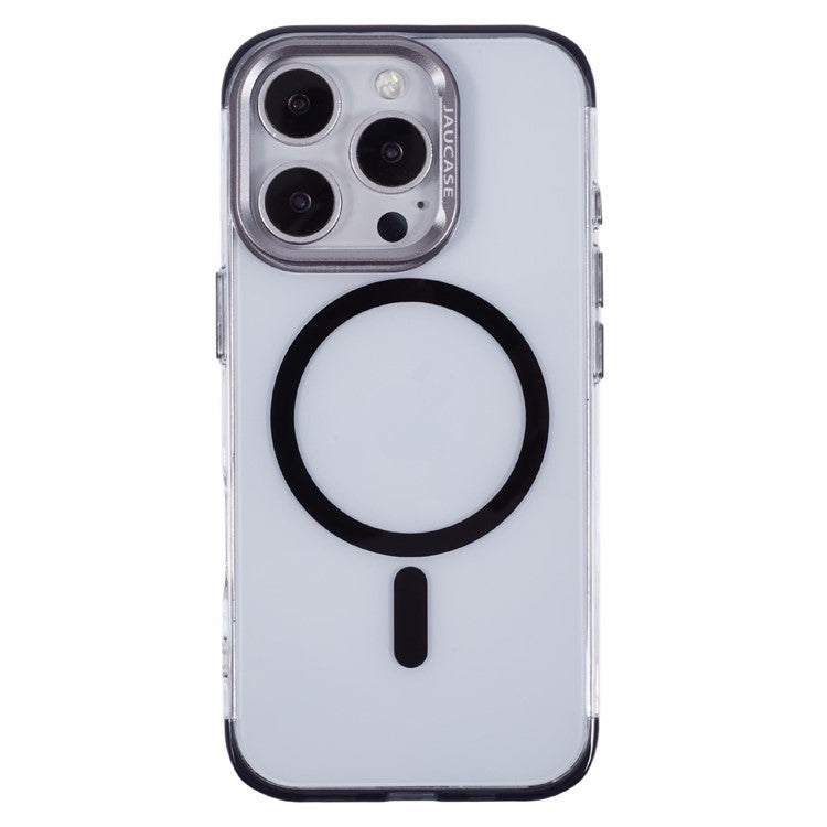 JAUCASE For iPhone 16 Pro Clear Case Compatible with MagSafe Lens Frame Kickstand PC+TPU Phone Cover - Black
