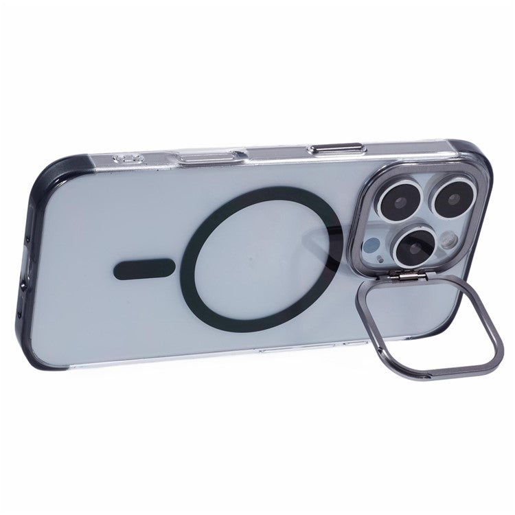 JAUCASE For iPhone 16 Pro Clear Case Compatible with MagSafe Lens Frame Kickstand PC+TPU Phone Cover - Black