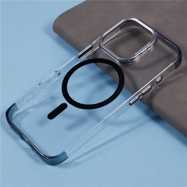 JAUCASE For iPhone 16 Pro Clear Case Compatible with MagSafe Lens Frame Kickstand PC+TPU Phone Cover - Black