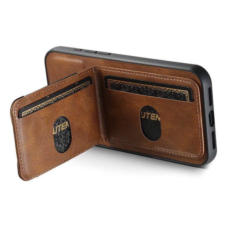 SUTENI H03 For iPhone 16 Plus Case Card Holder Waxy Texture Leather+TPU Phone Cover - Brown