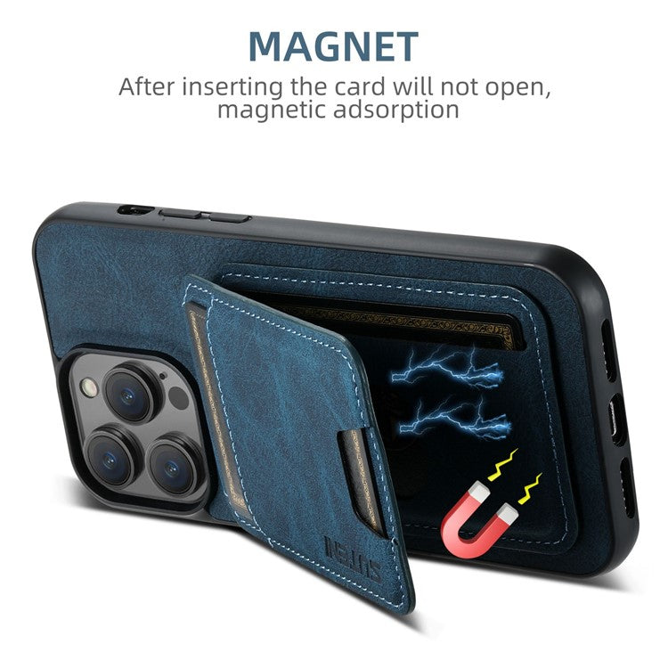 SUTENI H02 For iPhone 16 Pro Case Card Slots Kickstand Litchi Texture Leather+TPU Cover - Blue