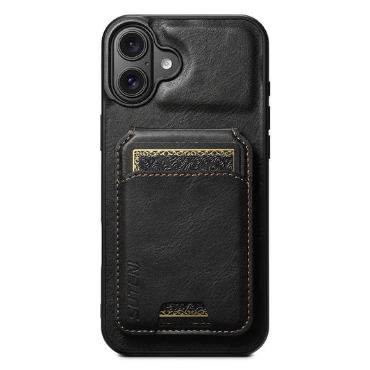 SUTENI H02 For iPhone 16 Plus Case Waxy Texture Leather+TPU Card Slots Kickstand Phone Cover - Black