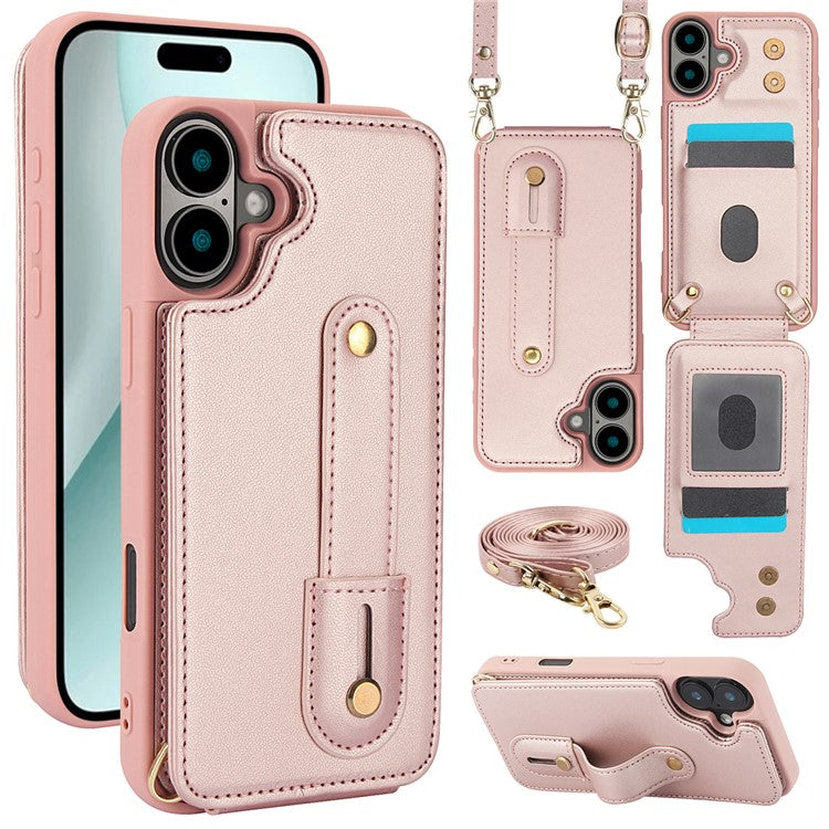 For iPhone 16 Case Kickstand Card Slots Leather Coated TPU Cover with Shoulder Strap - Rose Gold
