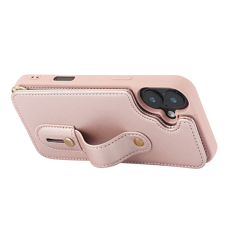 For iPhone 16 Case Kickstand Card Slots Leather Coated TPU Cover with Shoulder Strap - Rose Gold