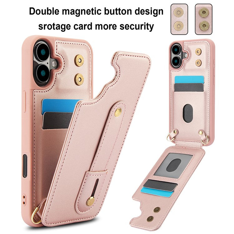 For iPhone 16 Case Kickstand Card Slots Leather Coated TPU Cover with Shoulder Strap - Rose Gold