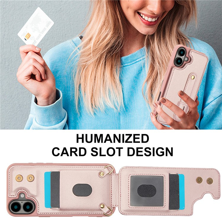 For iPhone 16 Case Kickstand Card Slots Leather Coated TPU Cover with Shoulder Strap - Rose Gold