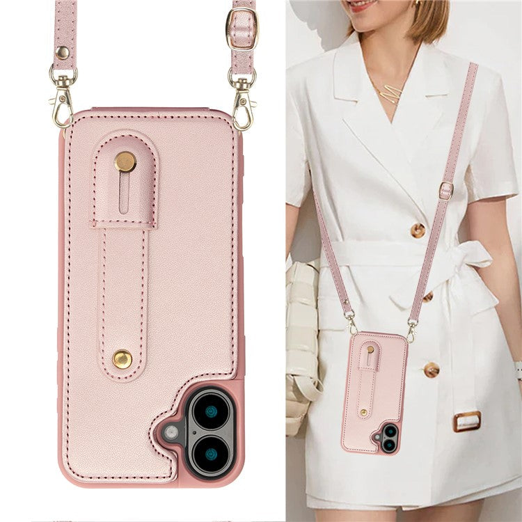For iPhone 16 Case Kickstand Card Slots Leather Coated TPU Cover with Shoulder Strap - Rose Gold