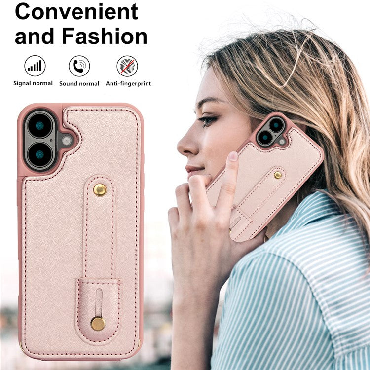 For iPhone 16 Case Kickstand Card Slots Leather Coated TPU Cover with Shoulder Strap - Rose Gold