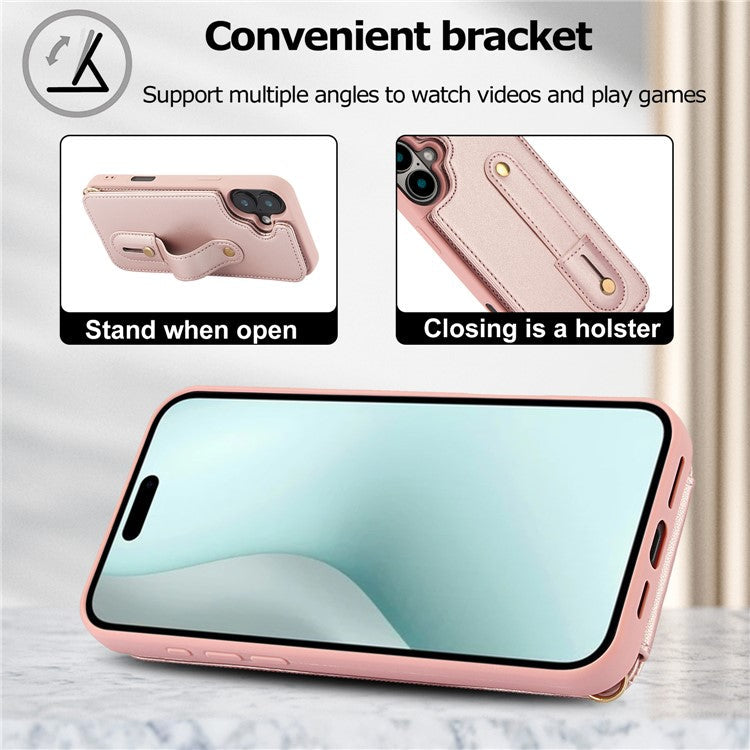 For iPhone 16 Case Kickstand Card Slots Leather Coated TPU Cover with Shoulder Strap - Rose Gold