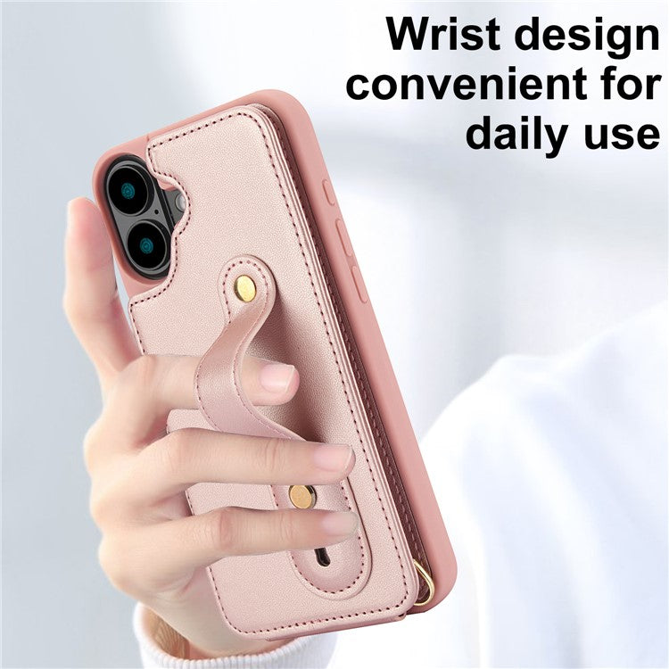 For iPhone 16 Case Kickstand Card Slots Leather Coated TPU Cover with Shoulder Strap - Rose Gold
