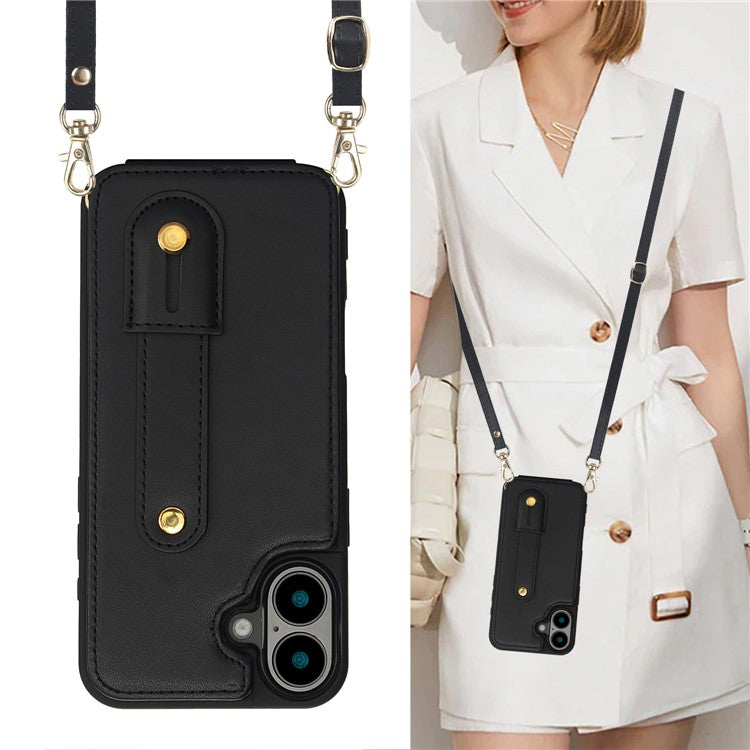 For iPhone 16 Plus Case Kickstand Card Slots Leather Coated TPU Cover with Shoulder Strap - Black