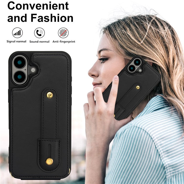 For iPhone 16 Plus Case Kickstand Card Slots Leather Coated TPU Cover with Shoulder Strap - Black