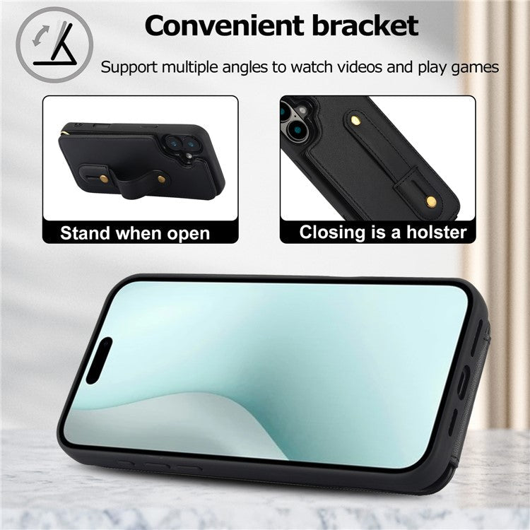 For iPhone 16 Plus Case Kickstand Card Slots Leather Coated TPU Cover with Shoulder Strap - Black