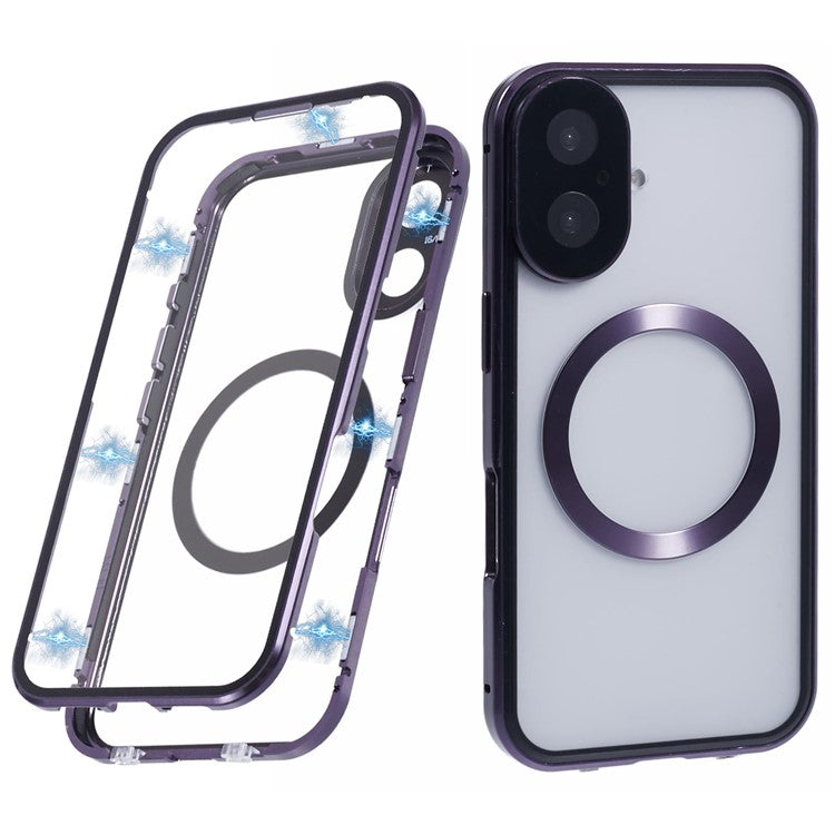 For iPhone 16 Case Double Sides Tempered Glass Phone Cover Compatible with MagSafe Full Protector - Purple