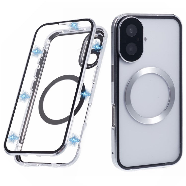 For iPhone 16 Case Double Sides Tempered Glass Phone Cover Compatible with MagSafe Full Protector - Silver