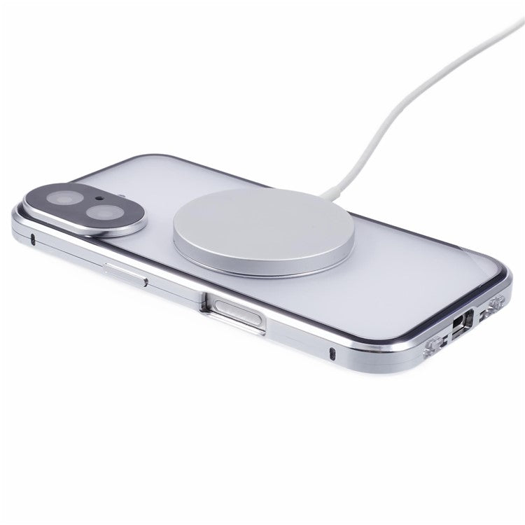 For iPhone 16 Case Double Sides Tempered Glass Phone Cover Compatible with MagSafe Full Protector - Silver