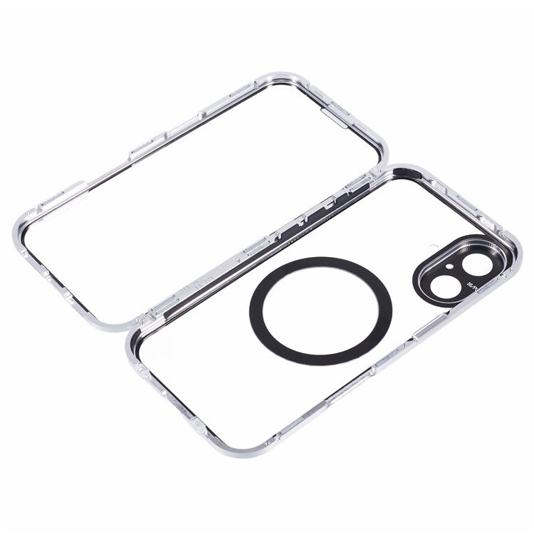 For iPhone 16 Case Double Sides Tempered Glass Phone Cover Compatible with MagSafe Full Protector - Silver