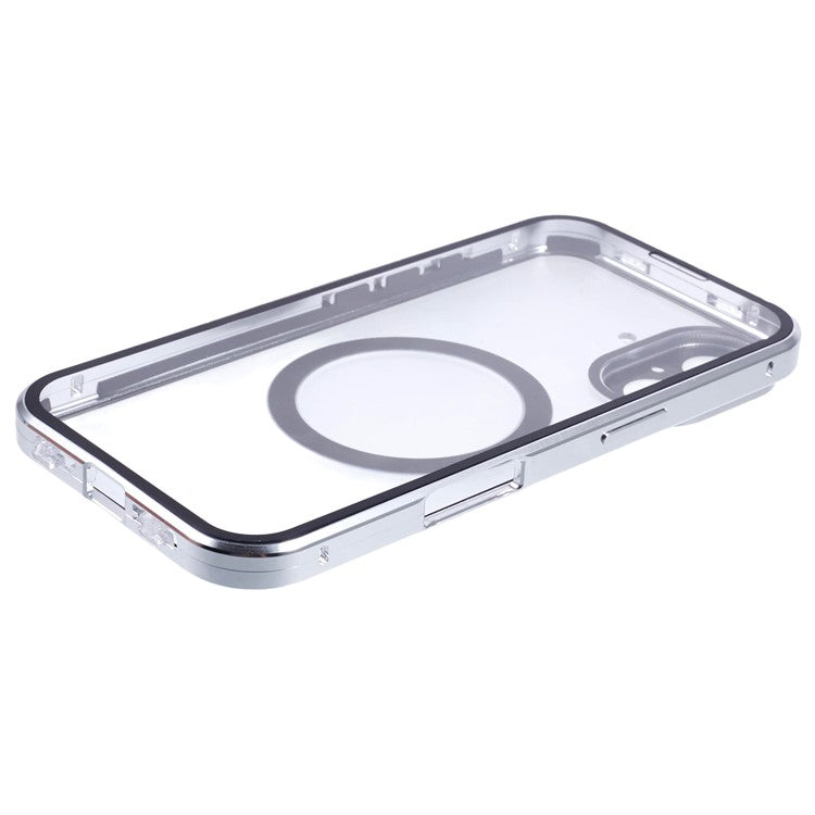 For iPhone 16 Case Double Sides Tempered Glass Phone Cover Compatible with MagSafe Full Protector - Silver