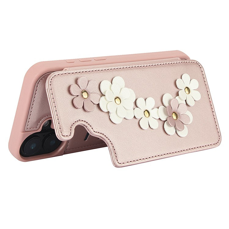 SY-001 For iPhone 16 Plus Case Card Slots Leather Coated TPU Flower Phone Cover - Pink