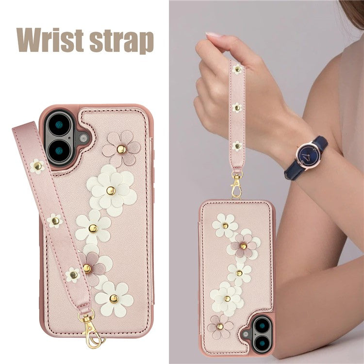 SY-001 For iPhone 16 Plus Case Card Slots Leather Coated TPU Flower Phone Cover - Pink