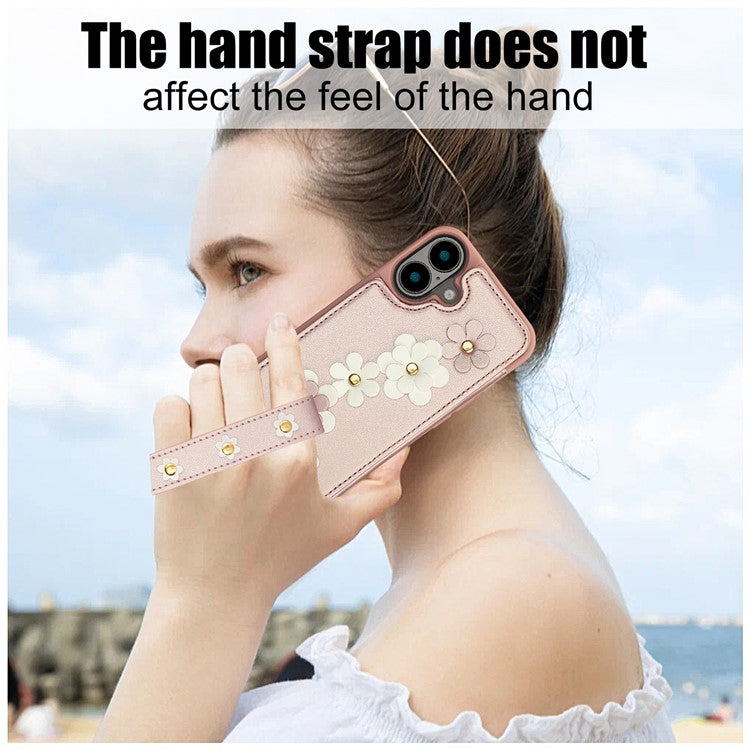 SY-001 For iPhone 16 Plus Case Card Slots Leather Coated TPU Flower Phone Cover - Pink