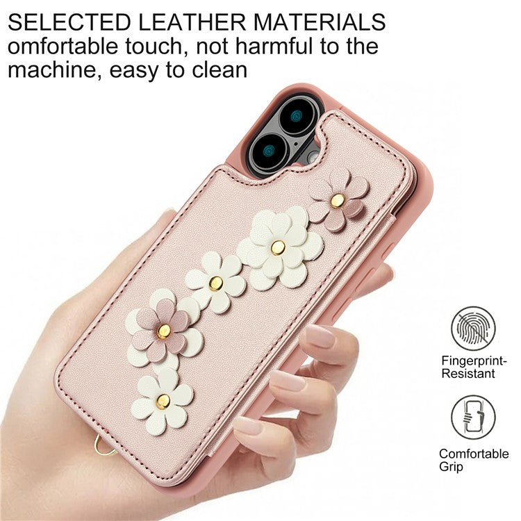 SY-001 For iPhone 16 Plus Case Card Slots Leather Coated TPU Flower Phone Cover - Pink