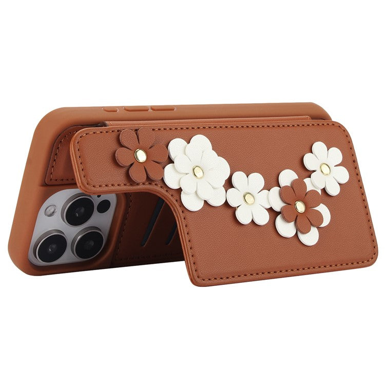SY-001 For iPhone 16 Pro Case Card Slots Leather Coated TPU Flower Phone Cover - Brown