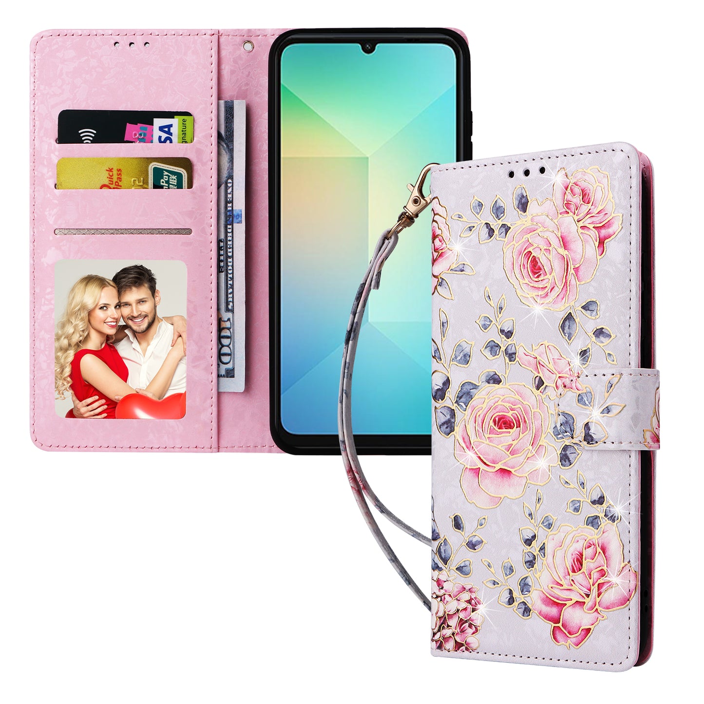 For Samsung Galaxy A06 Case RFID Blocking Flower Leather Phone Cover - Rose Flower