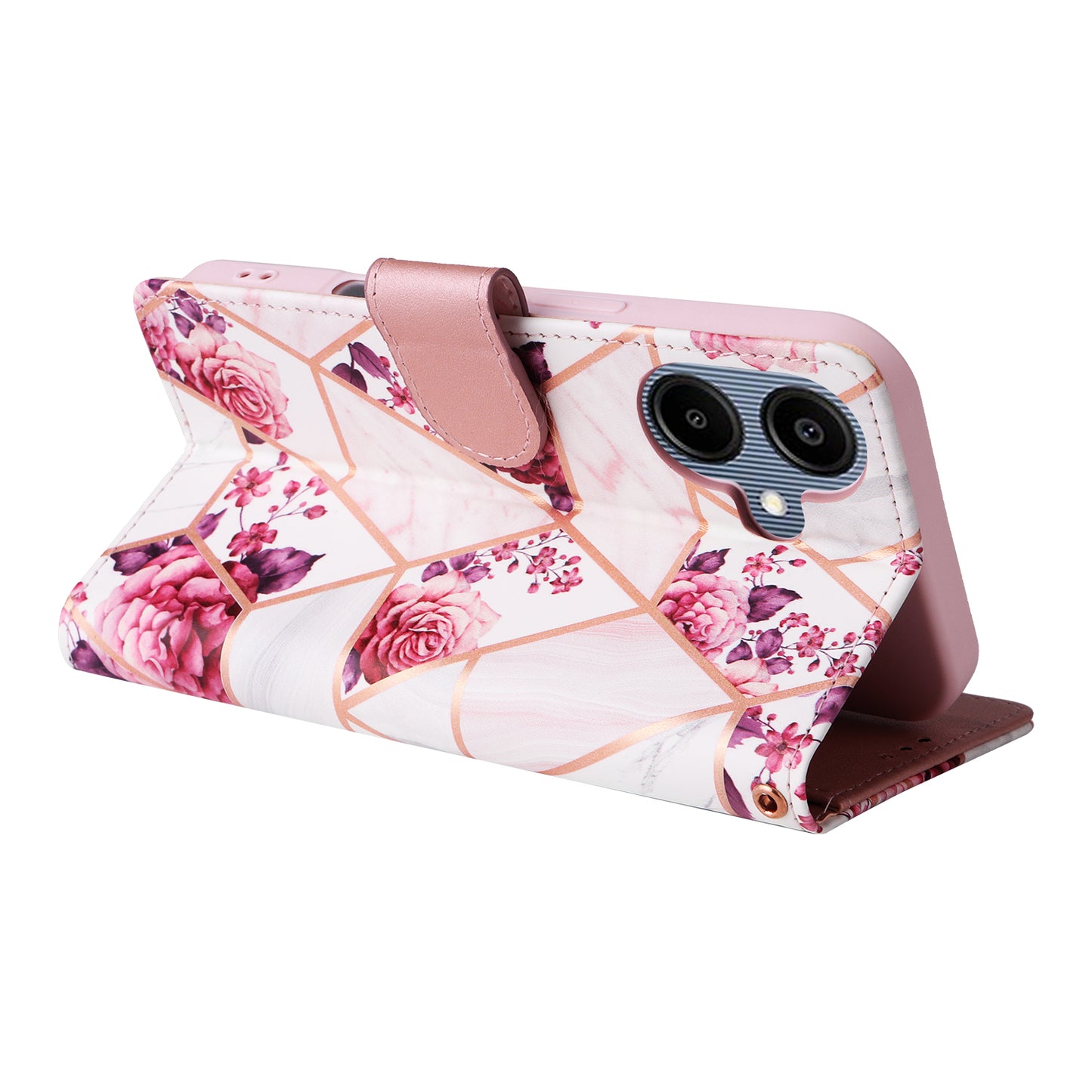 For Samsung Galaxy A06 Case Lacquered Marble Pattern Leather Phone Cover - Rose Gold