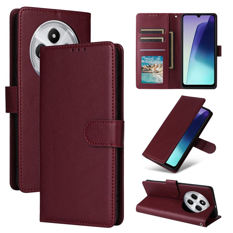 For Xiaomi Poco C75 4G / Redmi 14R 5G / 14C 4G Case Wallet Stand View PU Leather Phone Cover - Wine Red