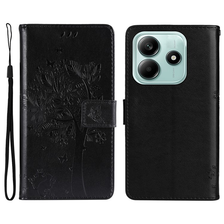 KT Imprinting Flower Series-3 For Xiaomi Redmi Note 14 5G Case Cat Tree Pattern Flip Leather Phone Cover - Black