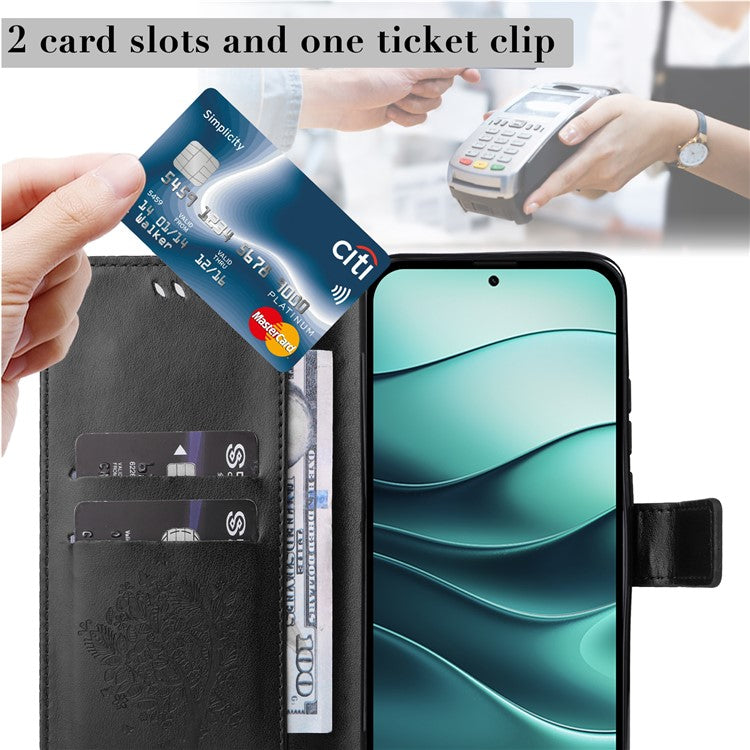 KT Imprinting Flower Series-3 For Xiaomi Redmi Note 14 5G Case Cat Tree Pattern Flip Leather Phone Cover - Black