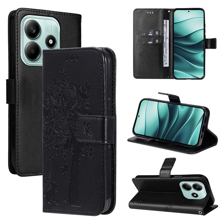 KT Imprinting Flower Series-3 For Xiaomi Redmi Note 14 5G Case Cat Tree Pattern Flip Leather Phone Cover - Black