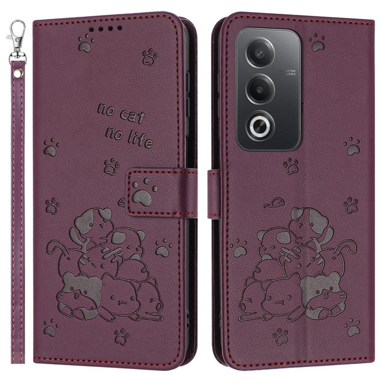 Leather Case for Oppo A80 5G / K12x 5G (India) / A3 Pro (Global) 5G / A3 Pro (India) 5G Cats Imprint Leather Wallet Phone Cover with Strap - Wine Red