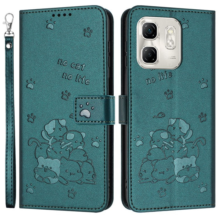 For Infinix Hot 50i 4G / Smart 9 4G Case with Strap Cats Imprint Leather Wallet Phone Cover - Blackish Green
