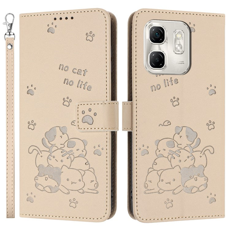 For Infinix Hot 50i 4G / Smart 9 4G Case with Strap Cats Imprint Leather Wallet Phone Cover - Beige