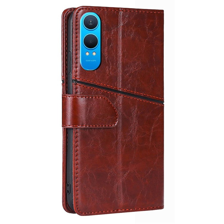 For OnePlus Nord CE4 Lite 5G / Oppo K12x 5G (China) Case Geometric Splicing PU Leather Phone Cover - Dark Brown