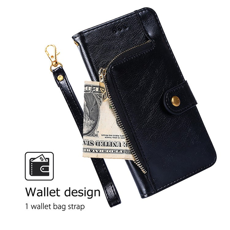 For OnePlus Nord CE4 Lite 5G / Oppo K12x 5G (China) Case Zipper Pocket PU Leather Wallet Flip Phone Cover - Black